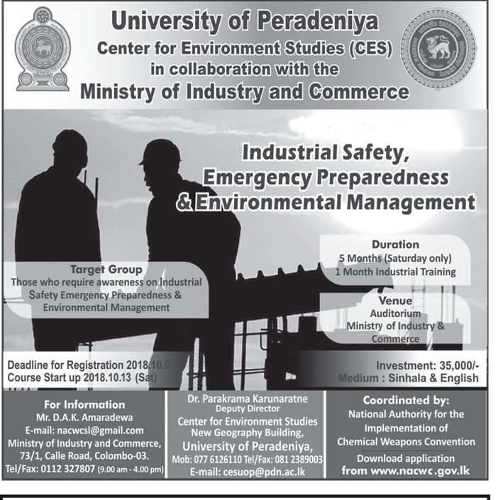 Industrial Safety, Emergency Preparedness & Environmental Management - University of Peradeniya